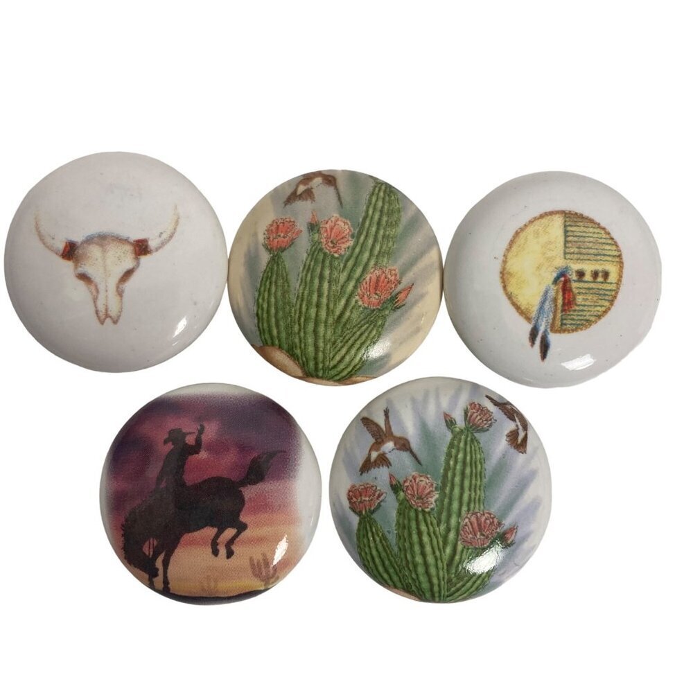 Set Of 5 Southwestern Ceramic Drawer Knobs Western Drawer Pulls Cactus Cowboy